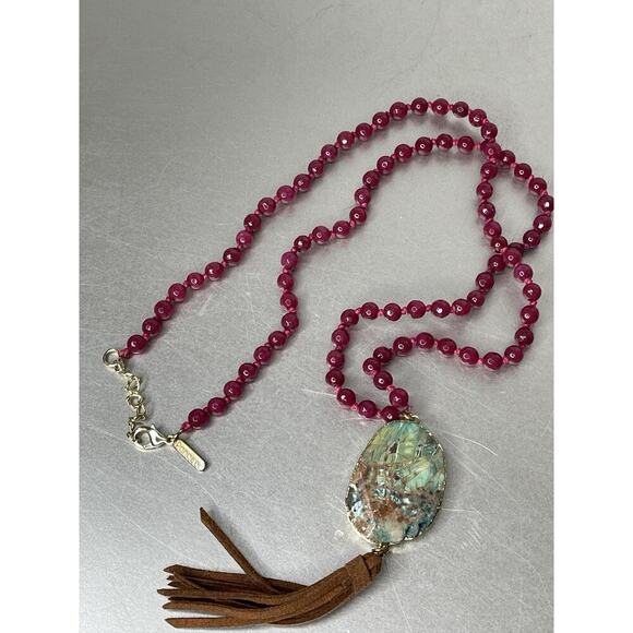 PANACEA Ruby Beaded Gemstone Stone Tassel Pendant 32in Necklace Hand Knotted - Picture 2 of 4